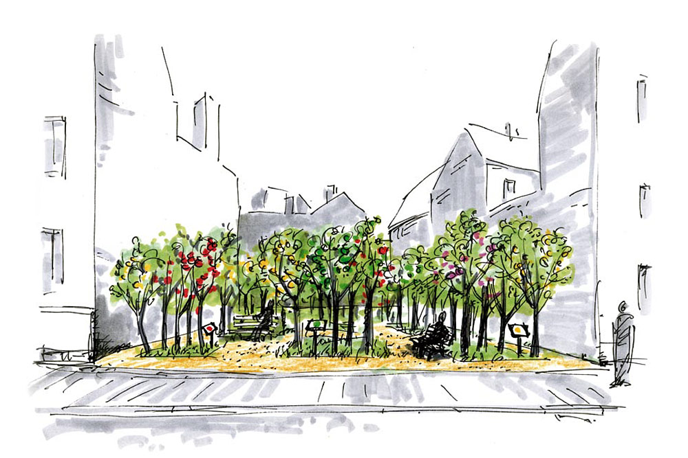 Illustration zur Idee, eine Baulücke zum Obstgarten zu machen.